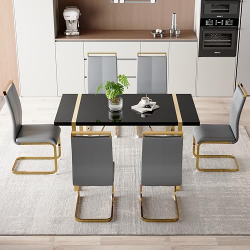 Modern Dining Table Set for 6, 55'' Dining Room Table Set with 6 Faux...
