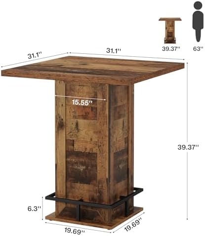 Tribesigns 39.4" H Square Bar Table, Industrial High Top Bistro Pub Cock...