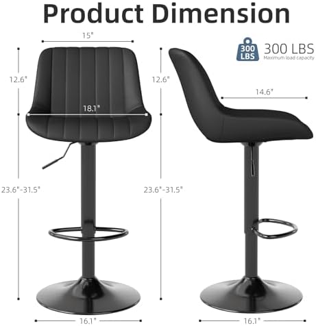 Youhauchair Adjustable Faux Leather Bar Stools Set of 3, Black