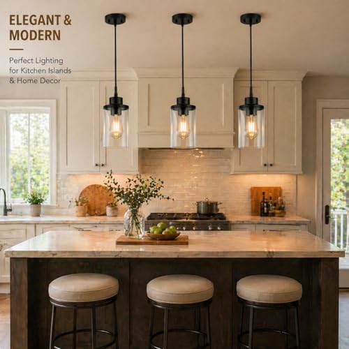 Black Farmhouse Clear Glass Cylinder Pendant Light, Modern Hanging Fixture (3...