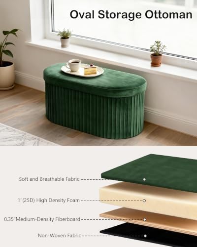 GLAXYFUR Folding Ottoman with Storage, Oval Velvet Storage Bench, Green