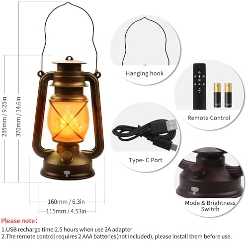 2 Pack Bronze Vintage 4 Modes Rechargeable Lanterns with Remote Control