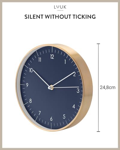 LUUK LIFESTYLE Modern Silent Quartz Wall Clock, 10in, Dark Blue & Gold