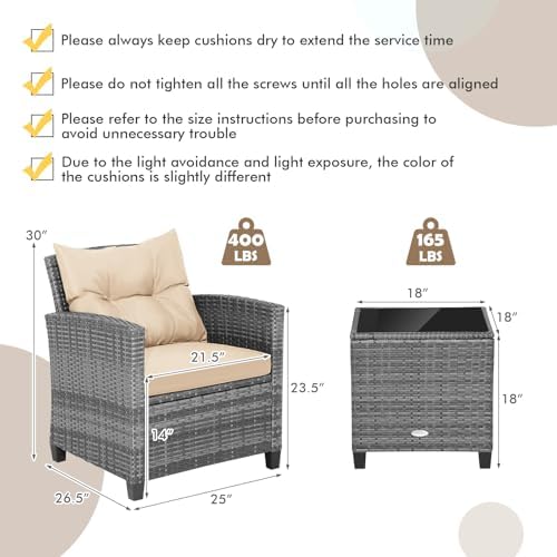 COSTWAY 3PCS Wicker Patio Furniture Set with Cushions for Balcony and Porch
