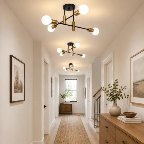 Garwarm Black and Gold Sputnik Chandelier, 4-Light Semi Flush Ceiling Light