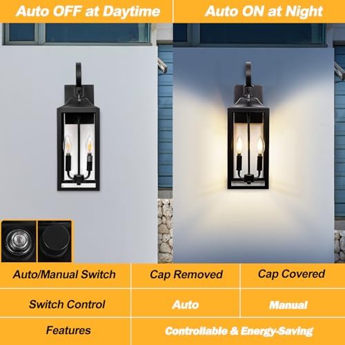 19" Large Dusk to Dawn Outdoor Wall Lantern 2-Light, Modern Porch Lights