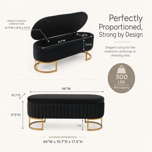 Velvet Storage Bench for Queen Size Bed, 46'' Black Oval Ottoman, Gol...