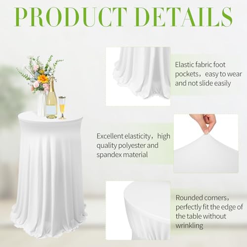Tegeme 3 Packs Spandex Cocktail Table Cover Fitted with Skirt, White