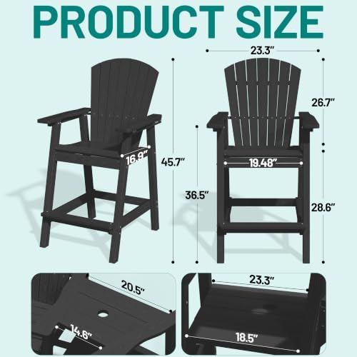 PLUUV Tall Adirondack Chairs Set of 2 with Double Connecting Trays, Black