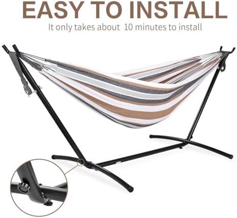 PNAEUT Double Hammock with Stand for Outside, Heavy-Duty, Portable (Coffee)