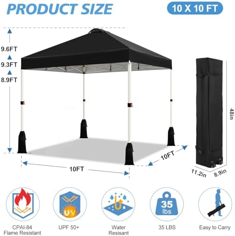 WEIZE 10x10 Pop Up Canopy Tent, 1-Button Push Setup Canopy Tent, Adjustable H...