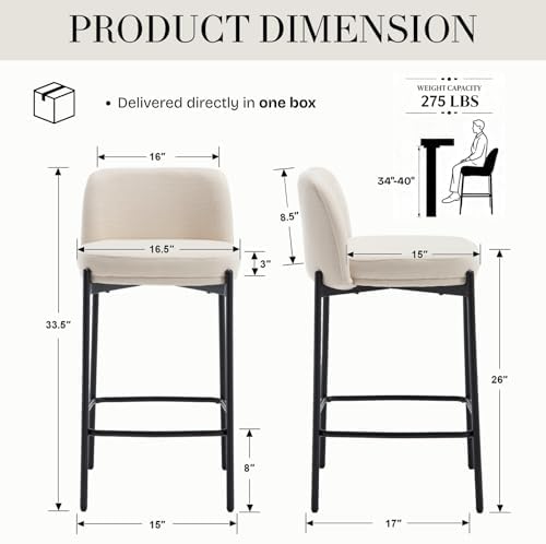 26 Inch Counter Height Bar Stools Set of 2, Modern Barstools, Beige