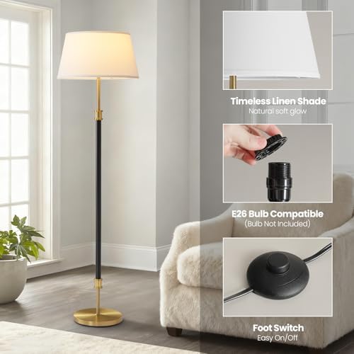 ZenGlimmer Modern Mid Century Floor Lamp with Soft Linen Shade, 63” Tall Blac...