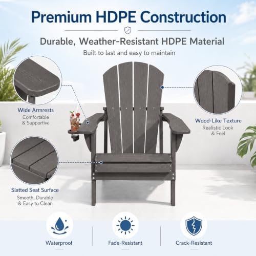 Folding Adirondack Chair with Cup Holder and Phone Holder, Heavy Duty HDPE Pl...