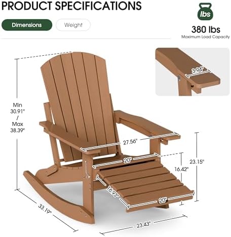 4-in-1 Adirondack Rocking Chair Set of 2, HDPE, Footrest, Teak