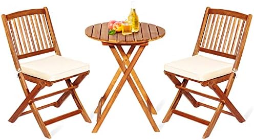 FANTASK 3 Pieces Folding Acacia Wood Bistro Set, Patio Furniture Set with Cus...