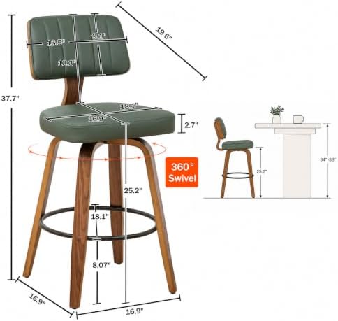 LUNLING 25.2” Swivel Bar Stools Set of 2,Green Faux Leather Counter Height Ba...