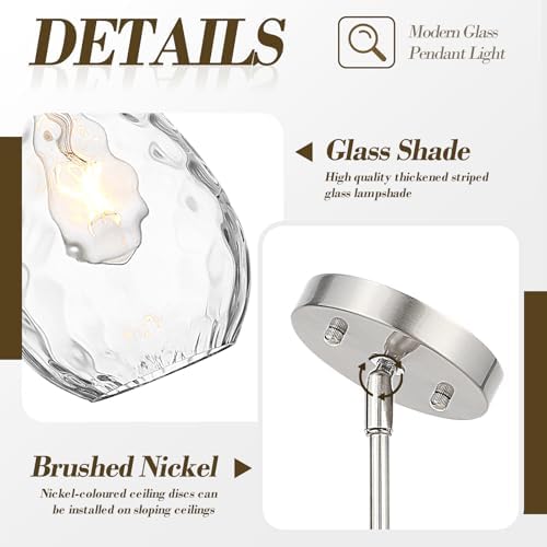 Glass Pendant Lights Kitchen Island, 1-Light Modern Brushed Nickel Pendant Li...