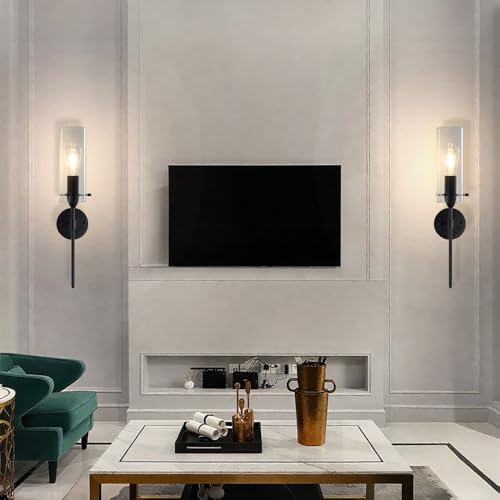 Modern Wall Sconces Set of Two, Black Wall Sconce with Clear Glass Shade, Har...