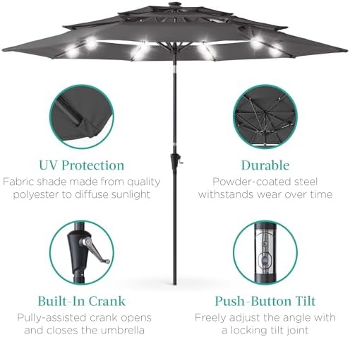 Best Choice Products 10ft 3-Tier Solar Patio Umbrella, Outdoor Market Sun Sha...