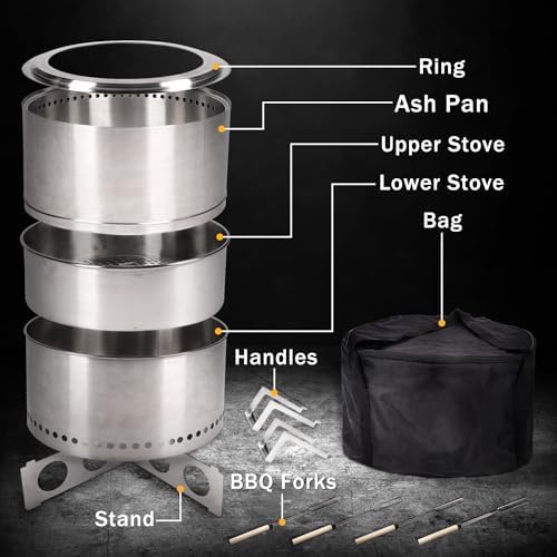 BRIOPAWS Large Smokeless-fire-pit Outdoor | 19 IN | 304 Stainless-Steel-Firep...