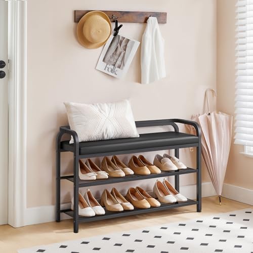YATINEY Shoe Bench with Backrest, 35.4" Long Entryway Bench, 2-Tier Shoe...