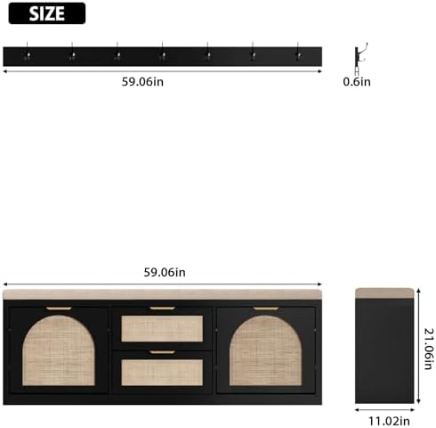 Rattan Narrow Entryway Bench with Shoe Storage, 4 Drawers & Coat Rack, Mi...