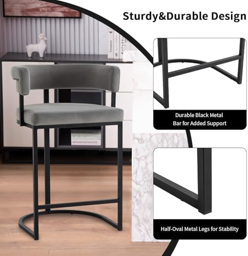 Set of 2 Grey Modern Velvet Bar Stools with Barrel Backrest, Upholstered Seat...