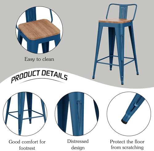 24" Barstools Set of 4 Counter Height Bar Stools Side Chair-Distressed Navy