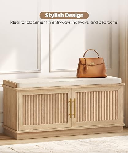 Akxomel 39.4" Fluted Shoe Storage Bench 2 Doors Wooden Entryway Bench Oak