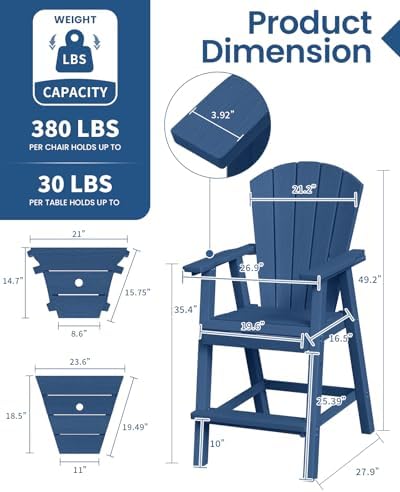 Ciokea Tall Adirondack Chairs Set of 2 with Connecting Trays, Navy Blue