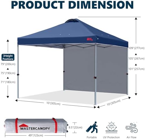 MASTERCANOPY 10x10 Durable Pop Up Canopy Tent with 1 Sidewall, Navy Blue