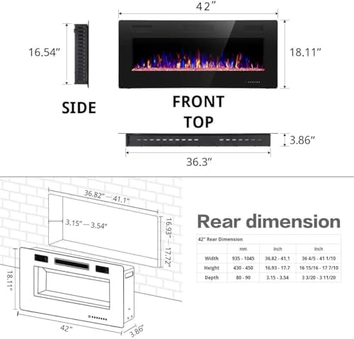 R.W.FLAME 42IN Recessed and Wall Mounted, The Thinnest Fireplace, Low Noise, ...