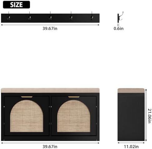 Rattan Narrow Entryway Bench with Shoe Storage, 2 Flip Drawers & Coat Rac...