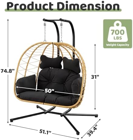 Bifanuo Double Hanging Egg Chair with Stand, Outdoor Indoor Swing Chair with ...