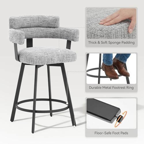 Counter Height Bar Stools with Full Back – Swivel Counter Stools Set of 2 wit...