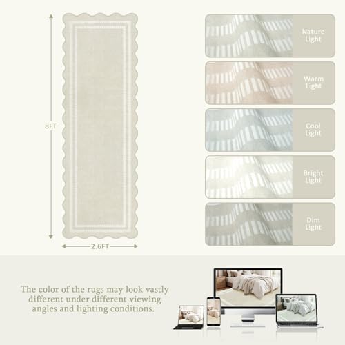 Washable Runner Rug 2.6x8 Kitchen Hallway Scalloped Rugs, Non Skid Stain-Resi...
