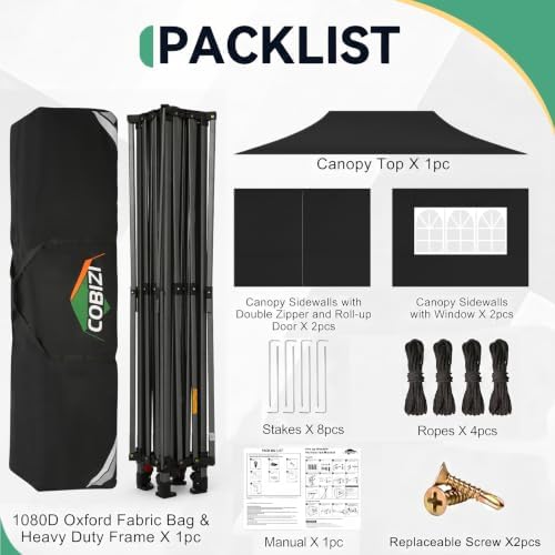 COBIZI 10x15 Heavy Duty Pop Up Canopy Tent with 4 Sidewalls, Black