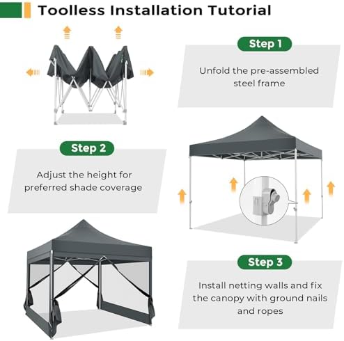 COBIZI 10x10 Heavy Duty Pop Up Canopy with 4 Mosquito Net Sidewalls, Gray