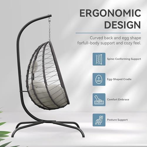 ALAULM Foldable Egg Chair with Stand, 485LBS Capacity Wicker Rattan Hammock S...