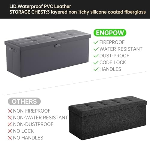 ENGPOW Storage Ottoman, Fireproof Folding Bench with Lock(15”x 43”x15”), Wate...