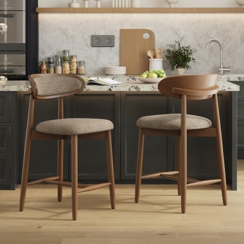 Wooden Bar Stools Set of 2, 24.8” Counter Height Stools with Rubberwood Legs ...