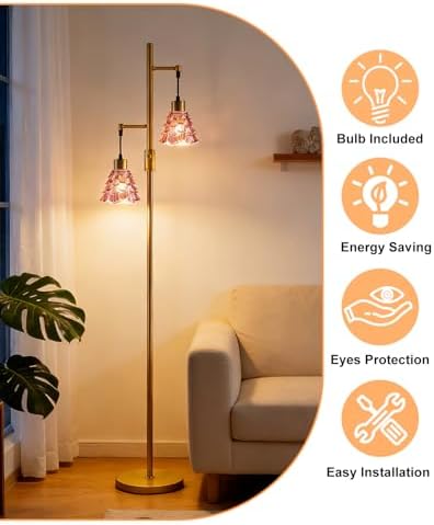 Red Glass Floor Lamp Dimmable 2-Light Modern Gold Tall Floor Lamp