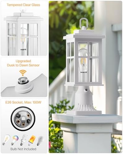 Dusk to Dawn Outdoor Post Lights, White Post Lights Outdoor with Pier Mount B...