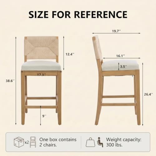 Boho Bar Stools Set of 6, Natural Wood Counter Height Stools, Beige Upholster...