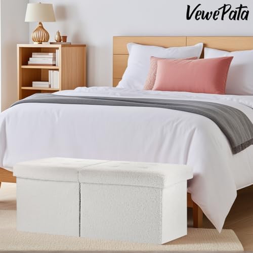 Storage Ottoman Bench, 34" Teddy Velvet Folding Foot Rest, White