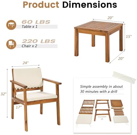 Flamaker 3 Pieces Porch Chairs Acacia Wood Balcony Furniture (Natural)