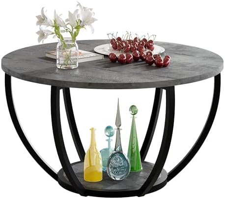 HOMERECOMMEND Round Coffee Table with 2-Tier Storage for Living Room,Grey