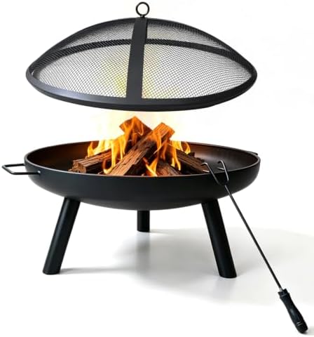 23inch Portable Fire Pit with Fire Poker and Spark Screen, 2 in 1 Small Round...