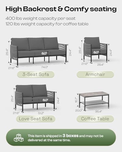 Aluminum Outdoor Patio Furniture Set with Dual-Layer Coffee Table, 4 Piece Mo...